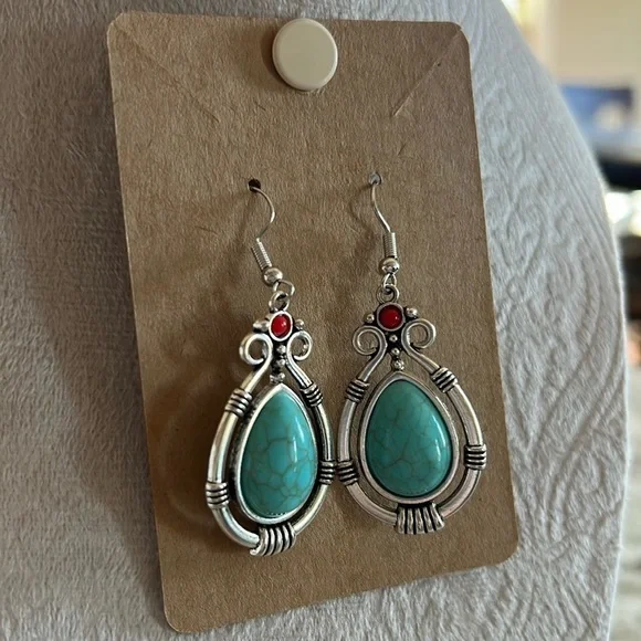 Boho Tribal Silver and Turquoise Color Teardrop Drop Dangle Earrings 2.5” - Picture 2 of 4